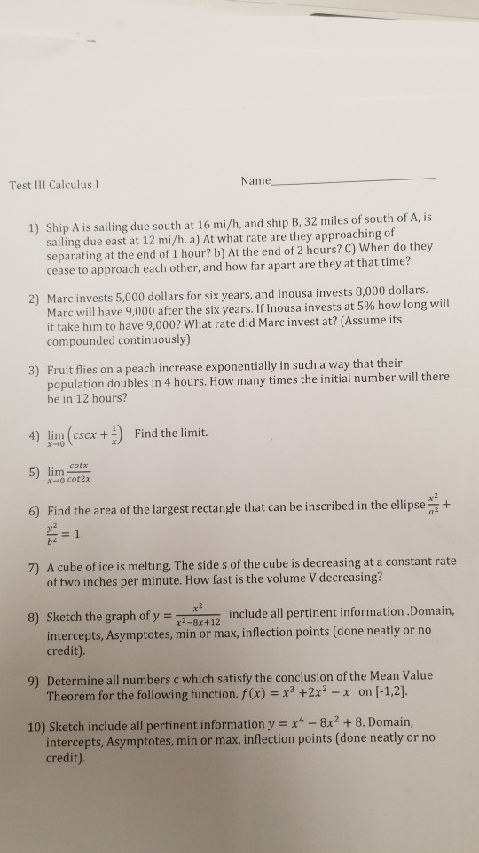 Solved Test II1 Calculus I Name 1) Ship A is sailing due | Chegg.com