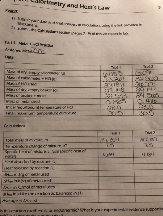 Corimetry and Hess's Law 5 Report 1) Submit you r
