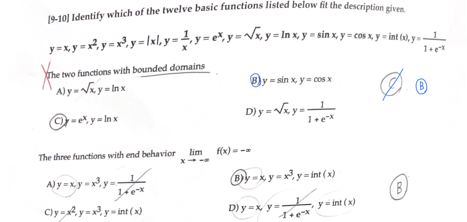 [9-10] Identify which of the twelve basic functions listed below fit the description given. \[ y=x, y=x^{2}, y=x^{3}, y=|x|,