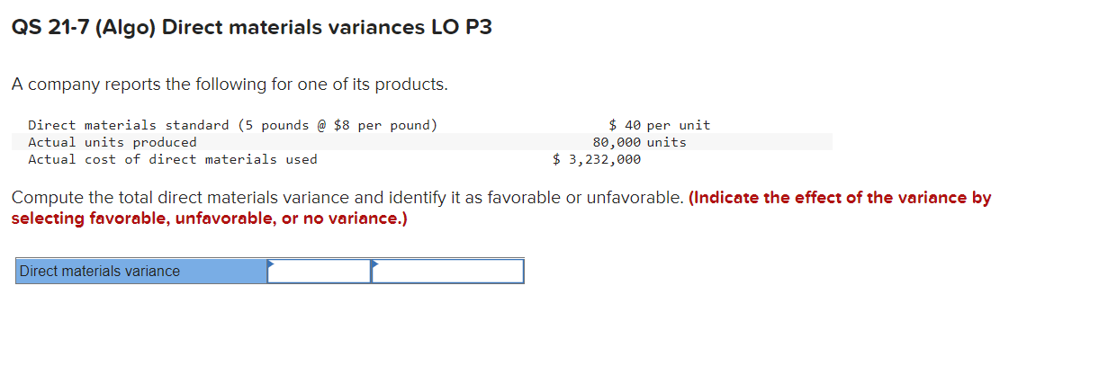 Solved Compute the total direct materials variance and | Chegg.com