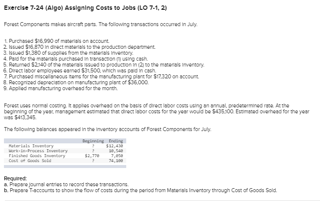 Solved Exercise 7-24 (Algo) Assigning Costs to Jobs (LO 7-1, | Chegg.com