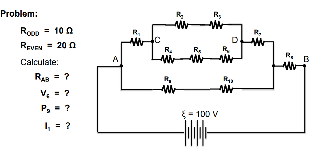 Problem: RODD = 100 REVEN = 20 Calculate: RAB = ? V6 = ? = ? 9 = ? A R₁ WwW R₂ ww R4 ww R₂ ww R3 Www R5 R6 www ww R₁0 ww { =