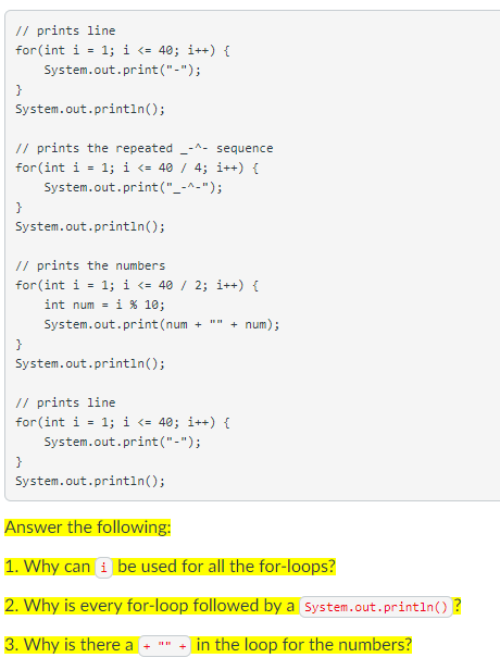 Solved /I prints line for(int i 1; i (s 40; İ++) { | Chegg.com