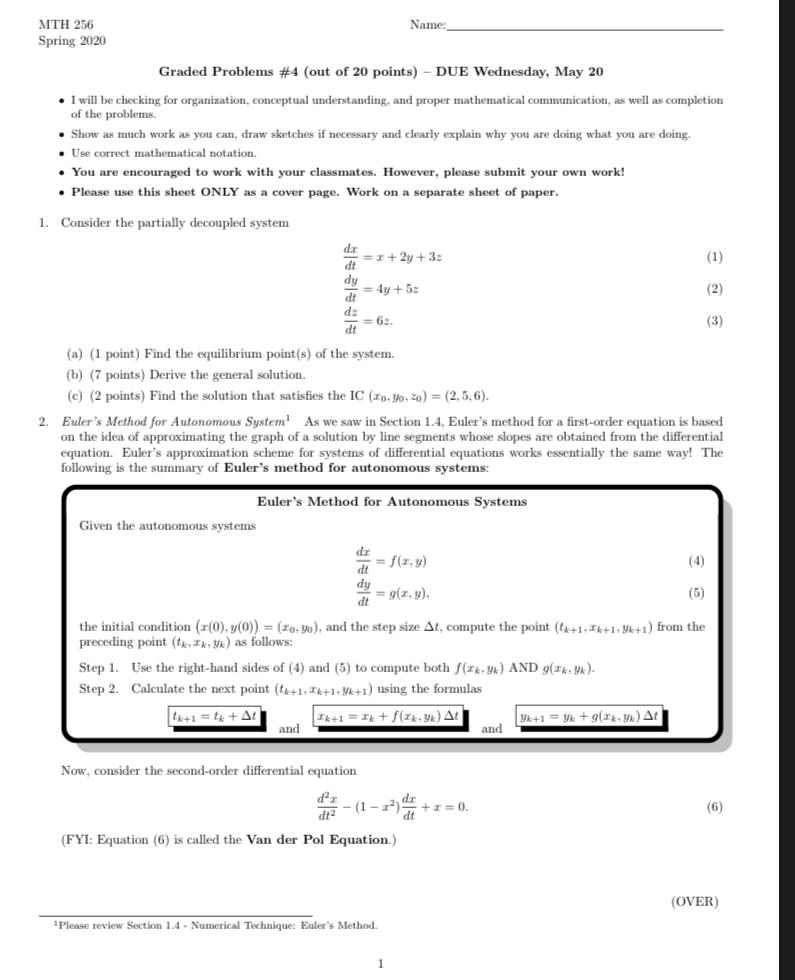 Name: MTH 256 Spring 2020 Graded Problems #4 (out of | Chegg.com