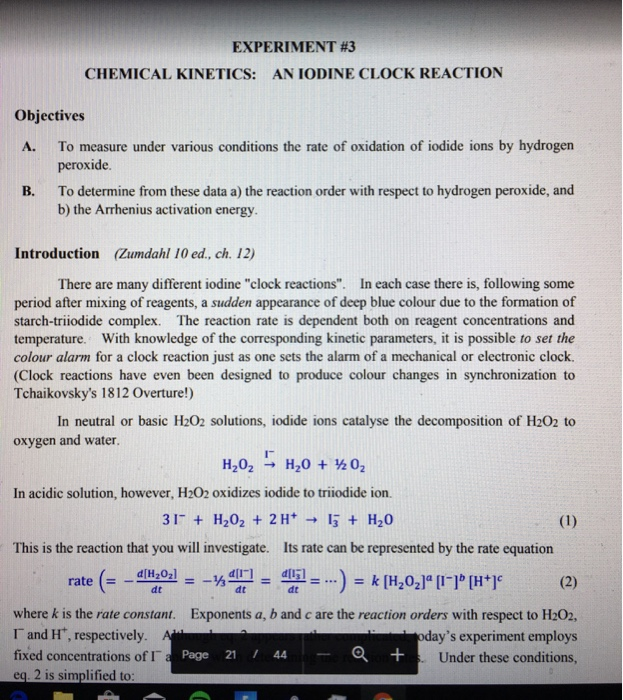 Solved EXPERIMENT #3 CHEMICAL KINETICS: AN IODINE CLOCK | Chegg.com