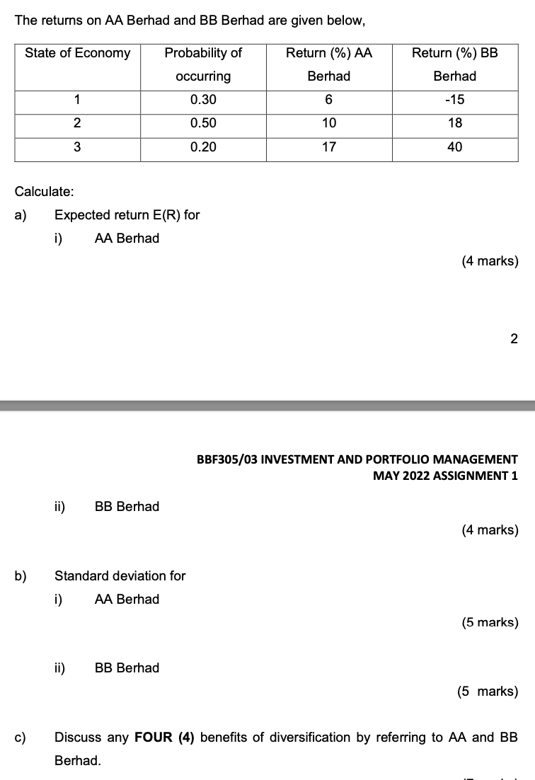 Solved The Returns On AA Berhad And BB Berhad Are Given | Chegg.com