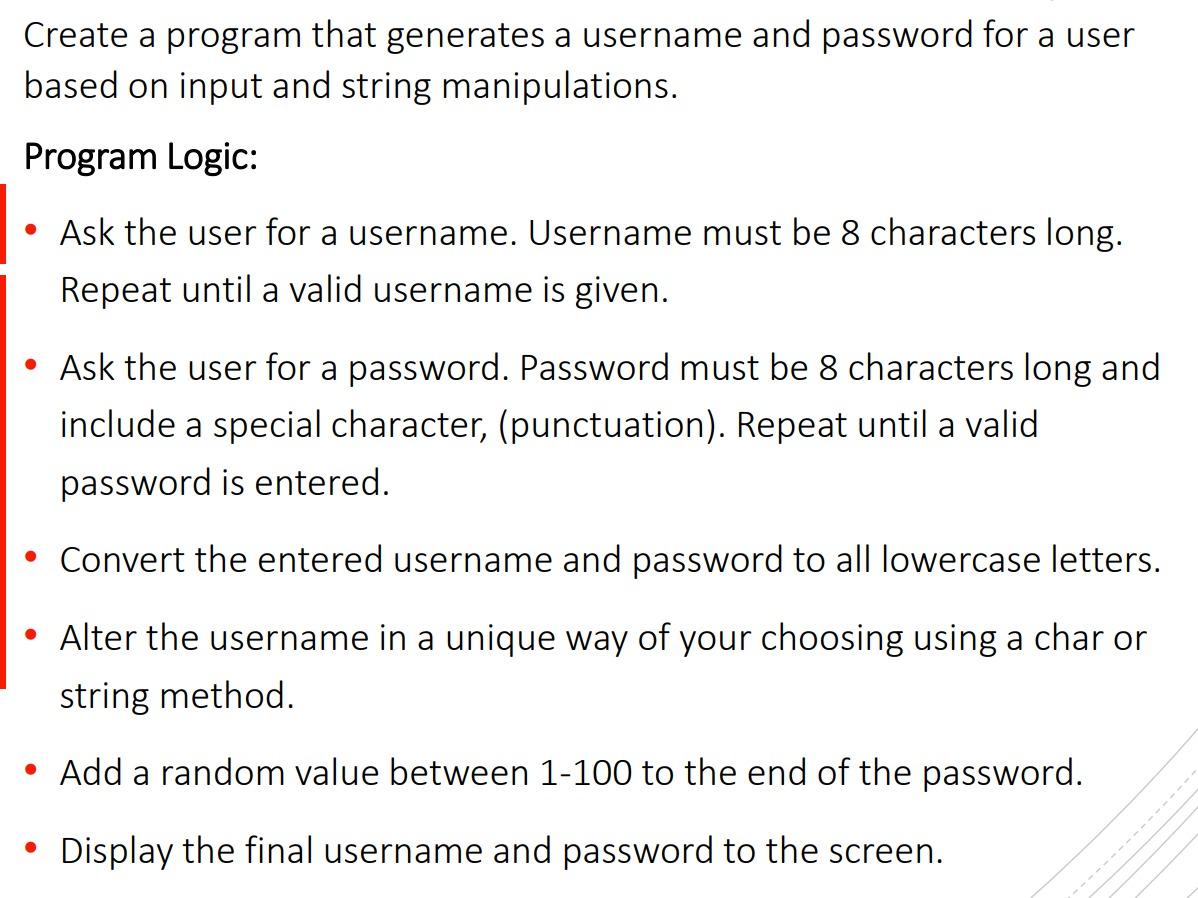 Solved Create a program that generates a username and | Chegg.com