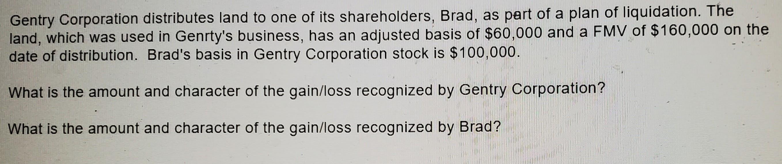 Solved Gentry Corporation distributes land to one of its