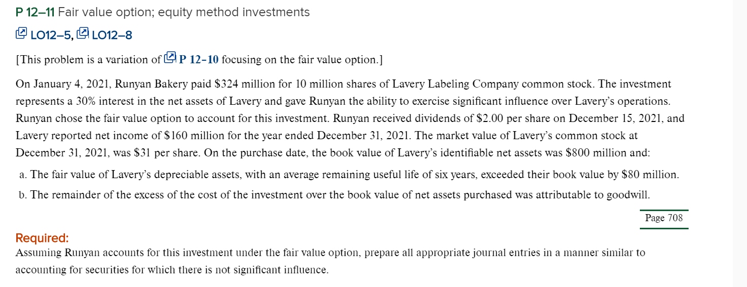 Solved P 12–11 Fair value option; equity method investments | Chegg.com