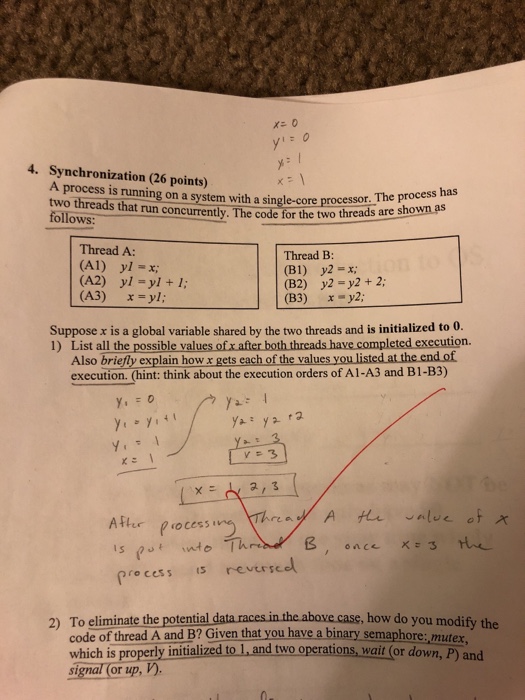 Solved 4. Synchronization (26 points) two threads that run | Chegg.com