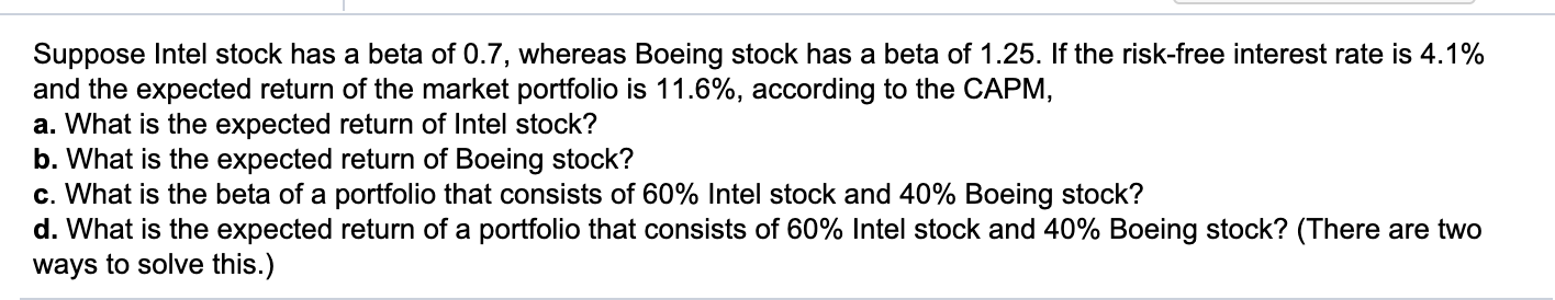 Solved Suppose Intel Stock Has A Beta Of 0.7, Whereas Boeing | Chegg.com