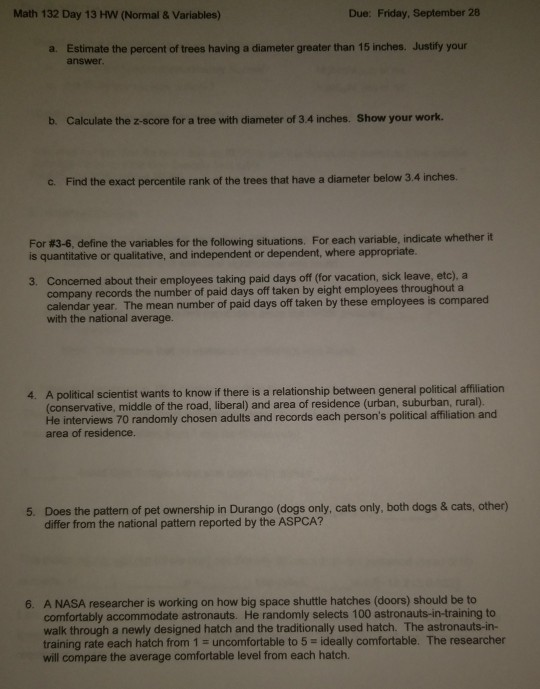 Solved Math 132 Day 13 HW (Normal & Variables) Due: Friday, | Chegg.com