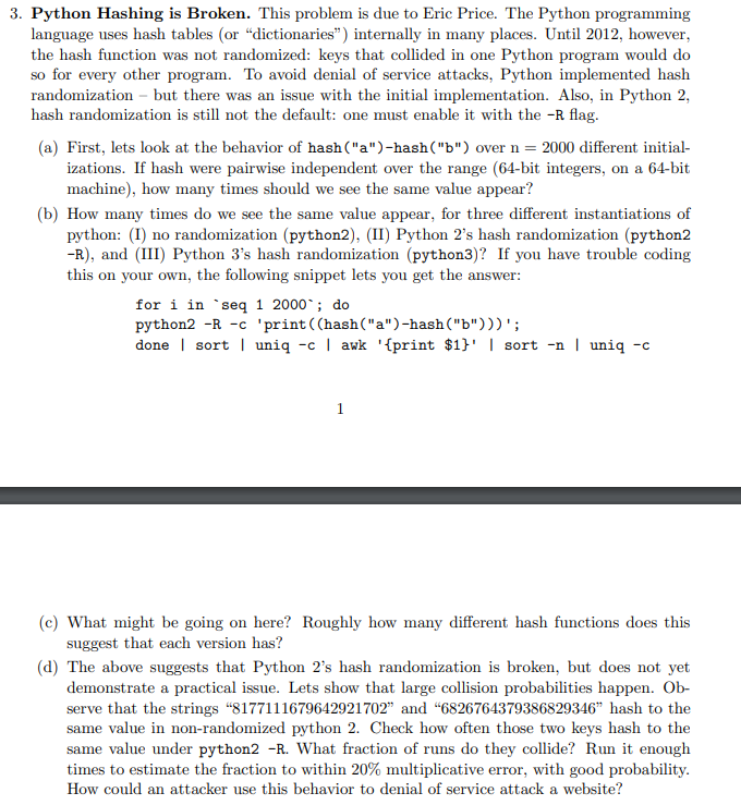 3. Python Hashing is Broken. This problem is due to | Chegg.com