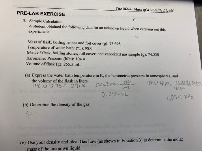 Solved The Molar Mass of a Volatile Liquid PRELAB EXERCISE