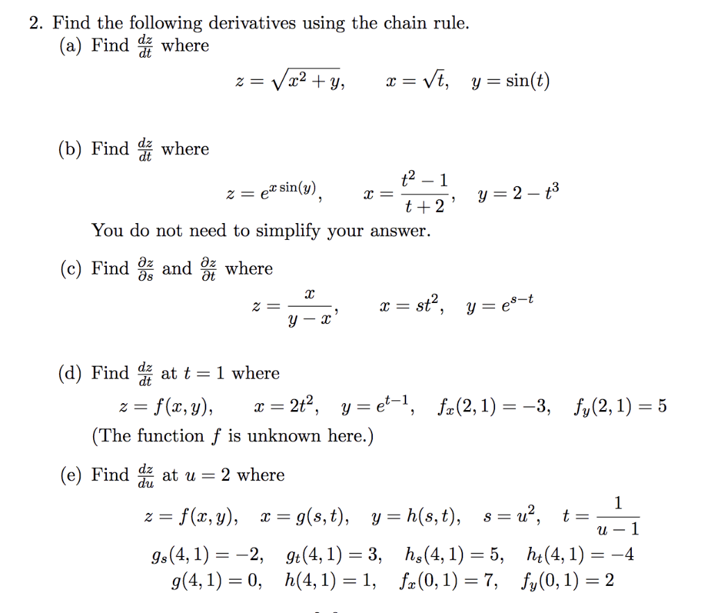 Solved 2. Find the following derivatives using the chain | Chegg.com