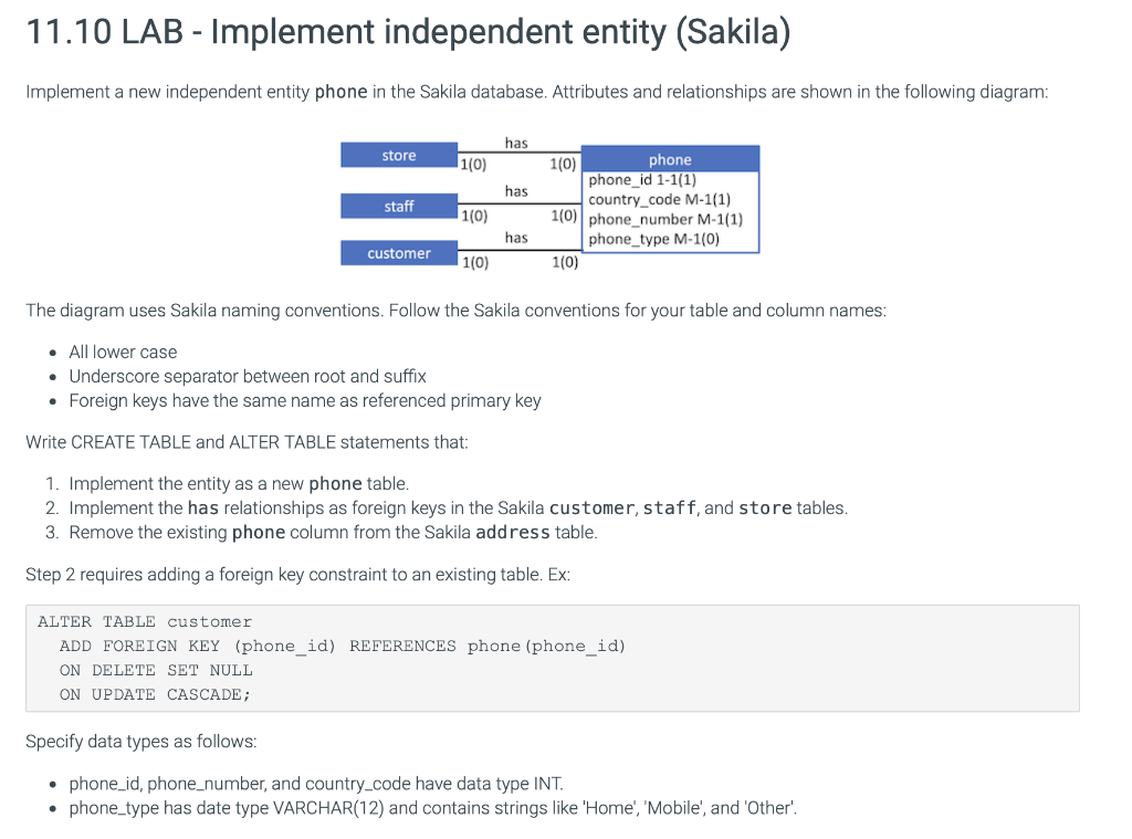 11.10 LAB - Implement independent entity (Sakila)
Implement a new independent entity phone in the Sakila database. Attributes