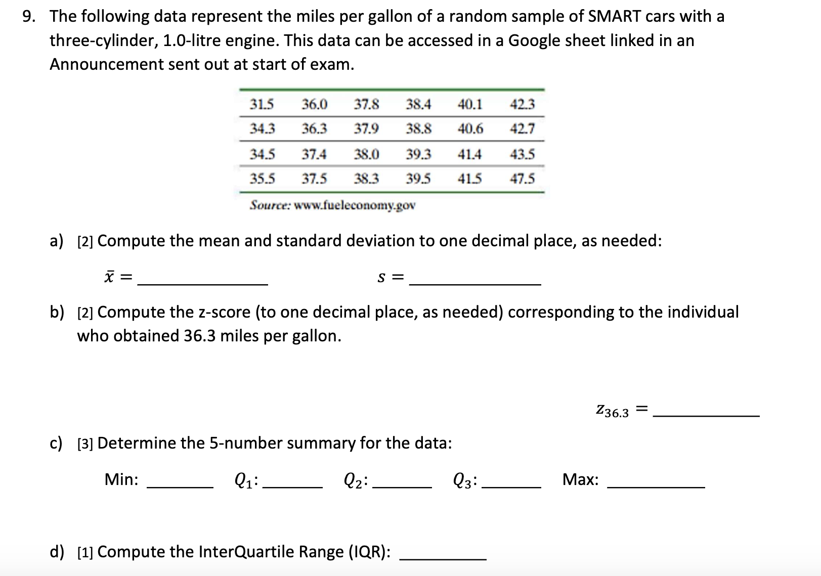 Solved The following data represent the miles per gallon of | Chegg.com