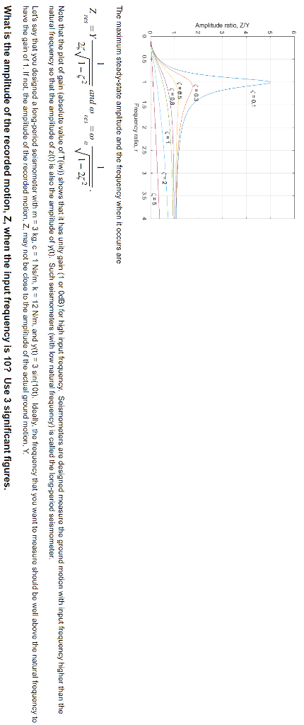 The maximum steady-state amplitude and the frequency when it occurs are
\[
Z_{\text {res }}=Y \frac{1}{2 \zeta \sqrt{1-\zeta^