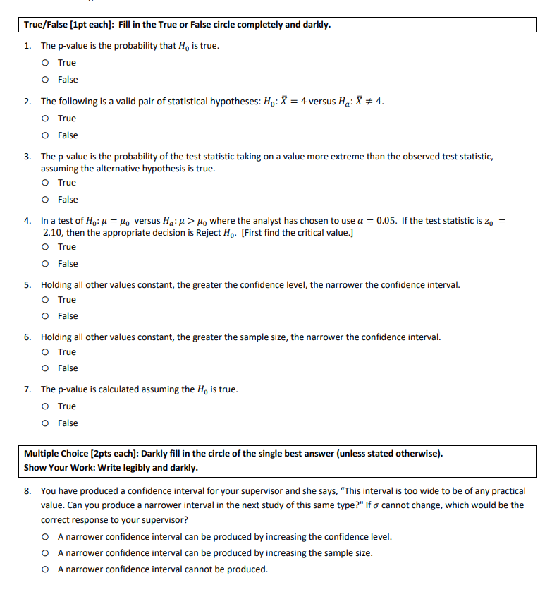 Solved True/False [1pt each]: Fill in the True or False | Chegg.com