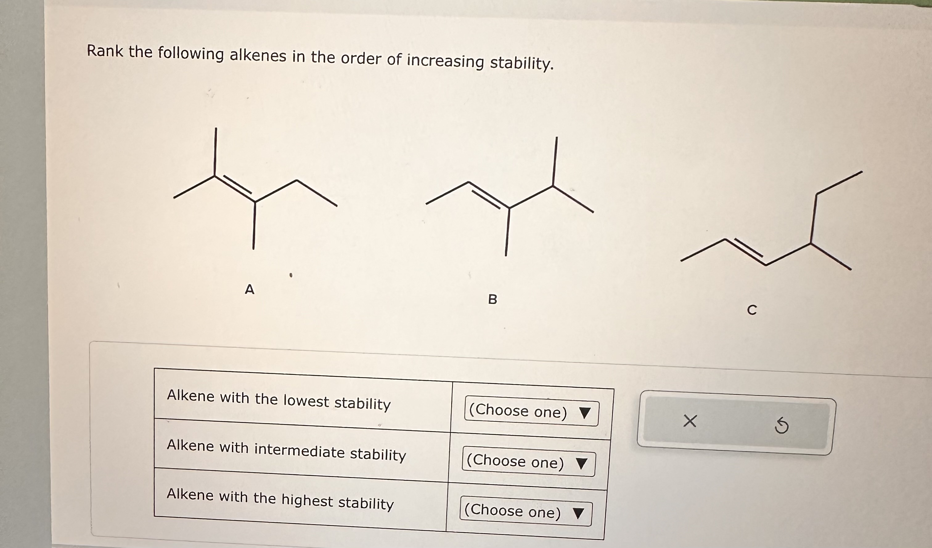 Solved Rank The Following Alkenes In The Order Of Increasing | Chegg.com