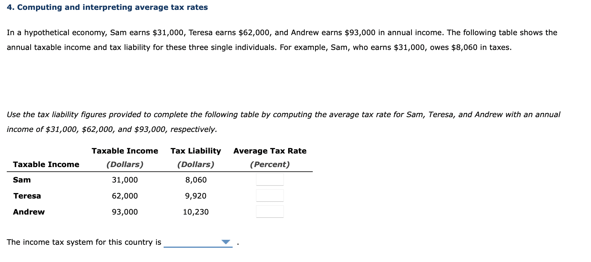 Solved 4. Computing and interpreting average tax rates In a