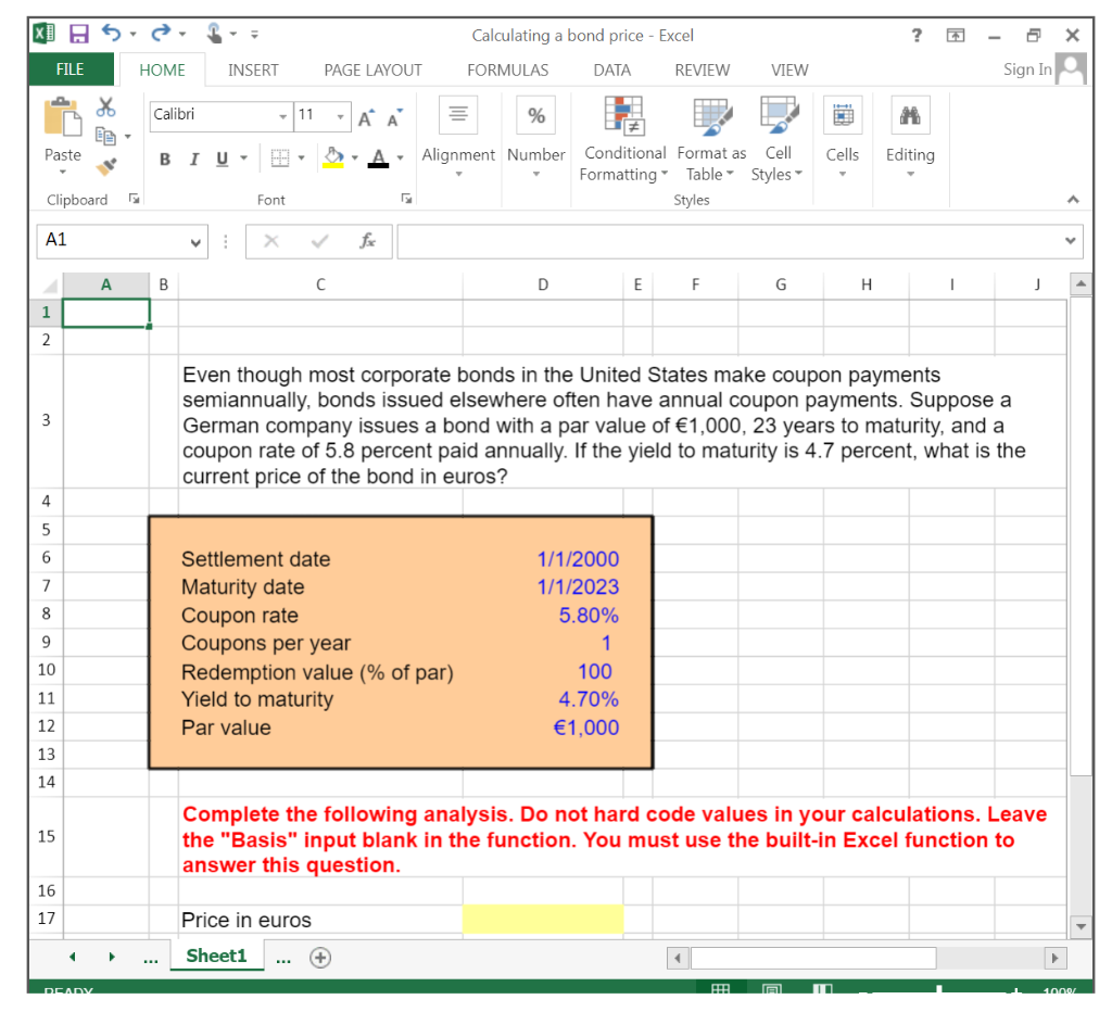 Solved X A5 Calculating A Bond Price - Excel - X 1 FILE HOME | Chegg.com