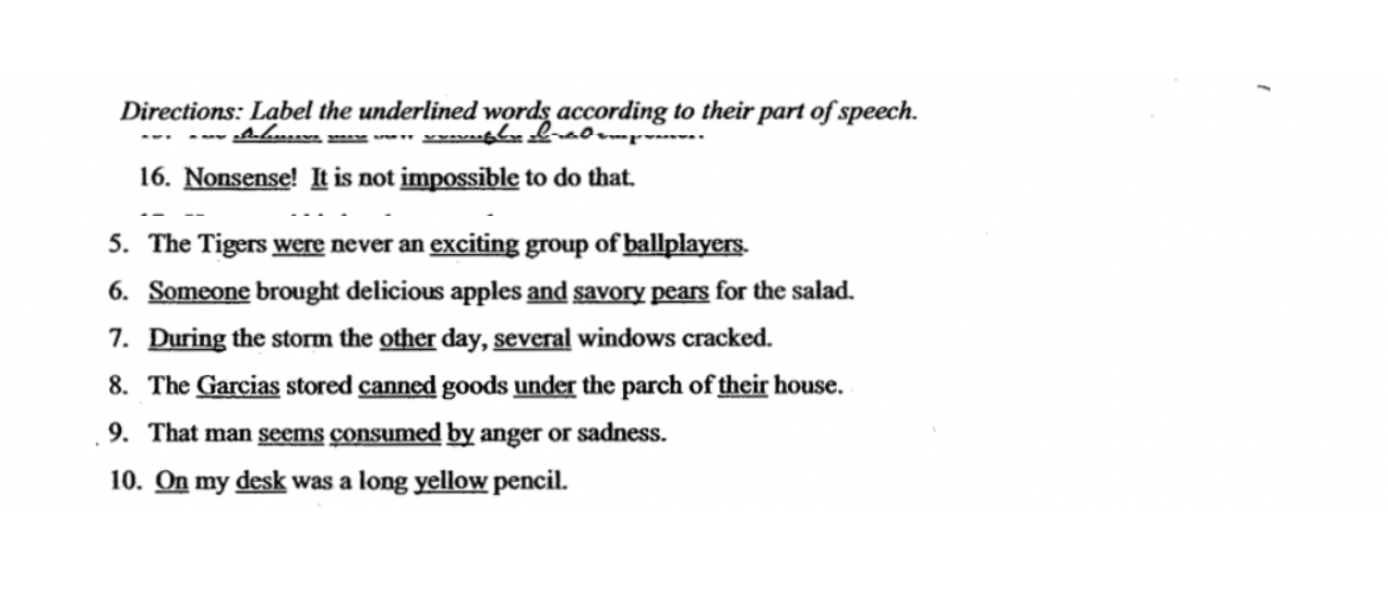 parts of speech underlined words