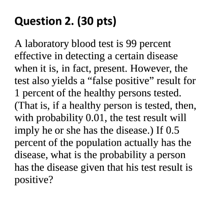 Solved Question 2. (30 pts) A laboratory blood test is 99