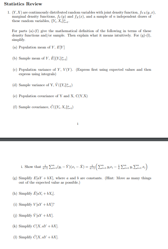 Solved Statistics Review 1 Y X Are Continuously Distri Chegg Com