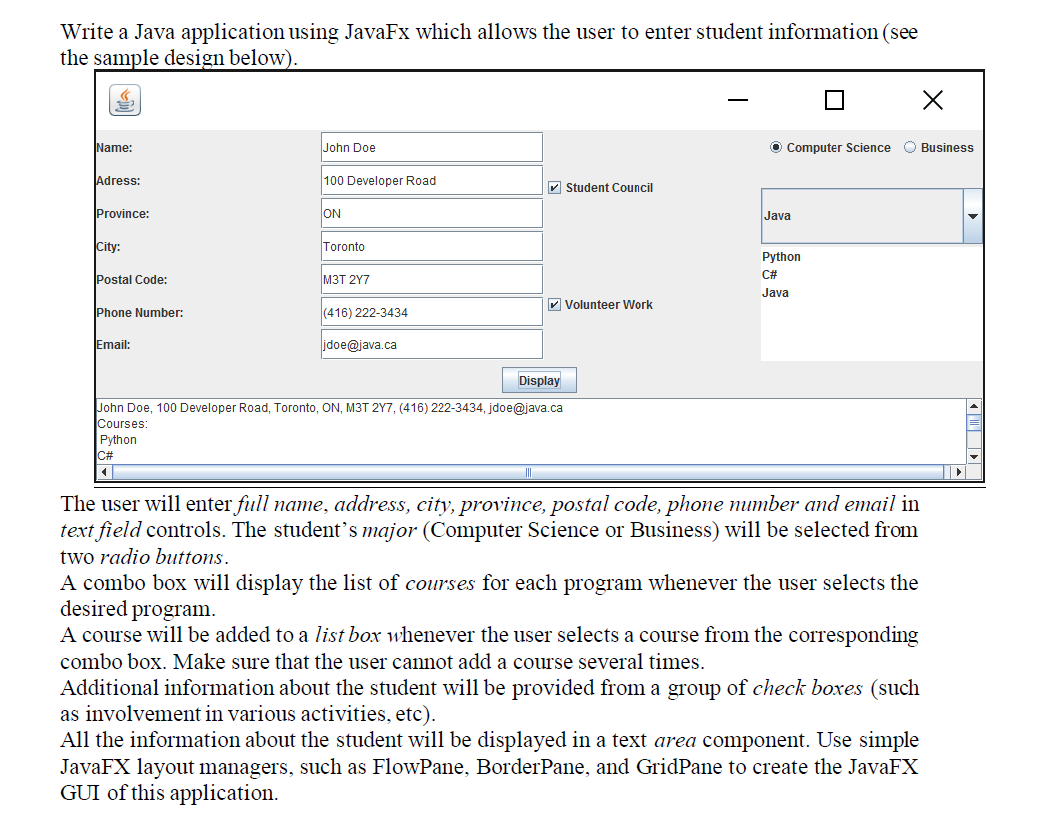 Solved Please use JavaFx dont use swing and awt also create | Chegg.com