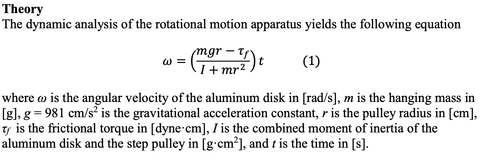 Theory
The dynamic analysis of the rotational motion apparatus yields the following equation
W=
mgr - Tf
(mgr (1)
I-
t
(1)
wh