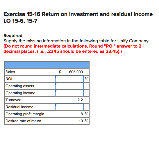 Solved Exercise 15 16 Return On Investment And Residual I