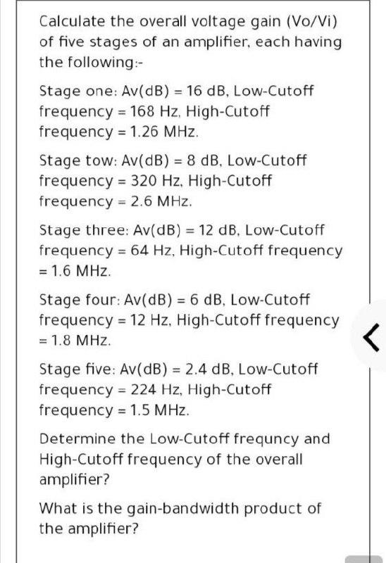 Solved Calculate the overall voltage gain (Vo/Vi) of five | Chegg.com