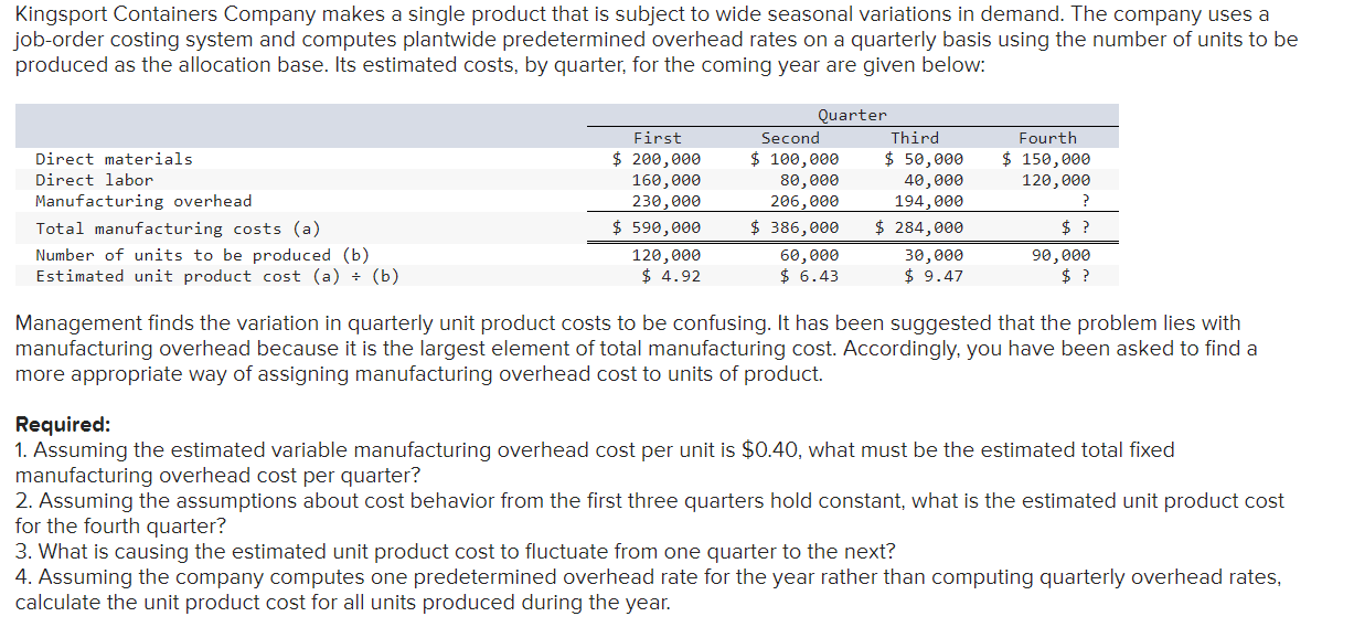 Solved Kingsport Containers Company makes a single product | Chegg.com