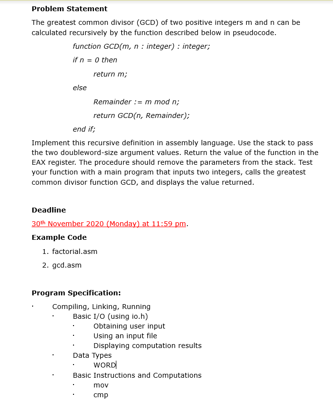 Problem Statement The greatest common divisor (GCD) | Chegg.com