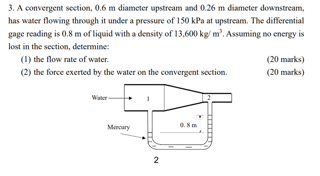 Solved 3. A convergent section, 0.6 m diameter upstream and | Chegg.com