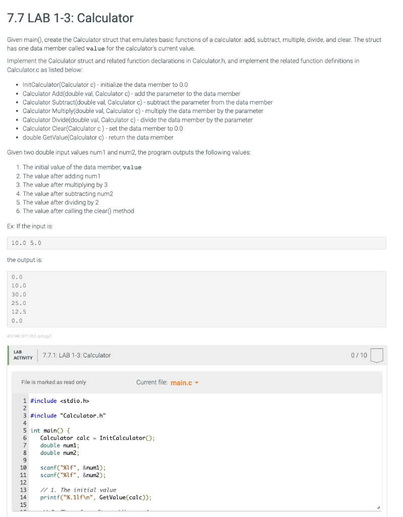 Solved 7.7 LAB 1-3: Calculator Given main0, create the | Chegg.com
