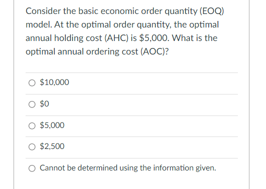 Solved Consider the basic economic order quantity (EOQ) | Chegg.com