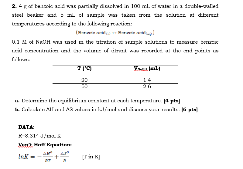 Solved 2. 4 g of benzoic acid was partially dissolved in 100 | Chegg.com