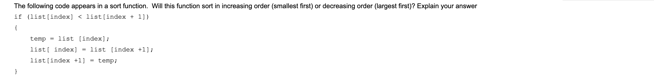Solved The following code appears in a sort function. Will | Chegg.com