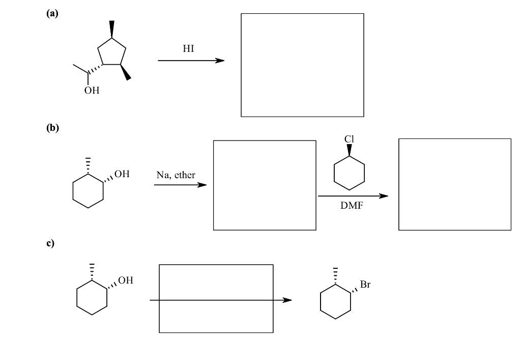 (a)
\( \stackrel{\mathrm{HI}}{\longrightarrow} \)
(b)
\( \stackrel{\mathrm{Na} \text {, ether }}{\longrightarrow} \)
c)