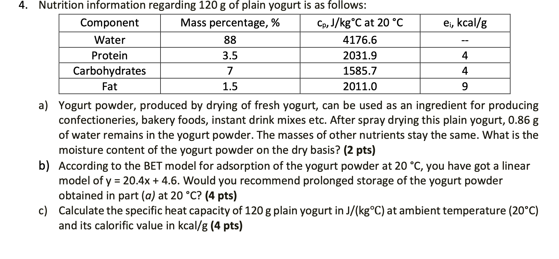 Solved a) Yogurt powder, produced by drying of fresh yogurt,