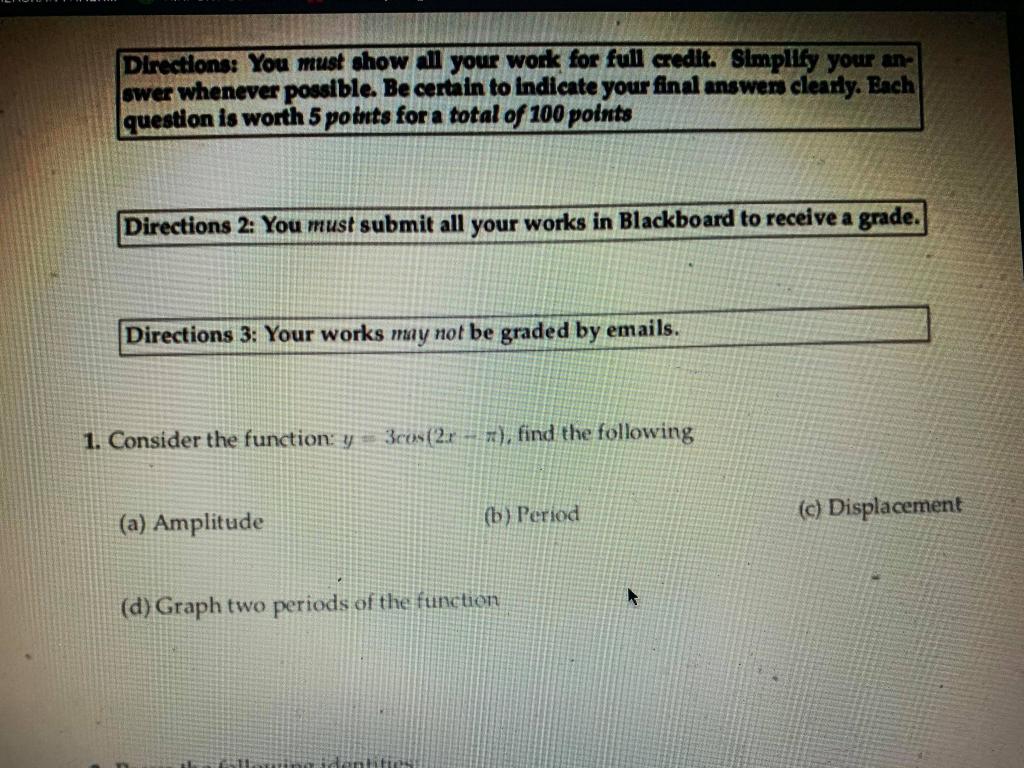 Solved Directions: You must show all your work for full | Chegg.com
