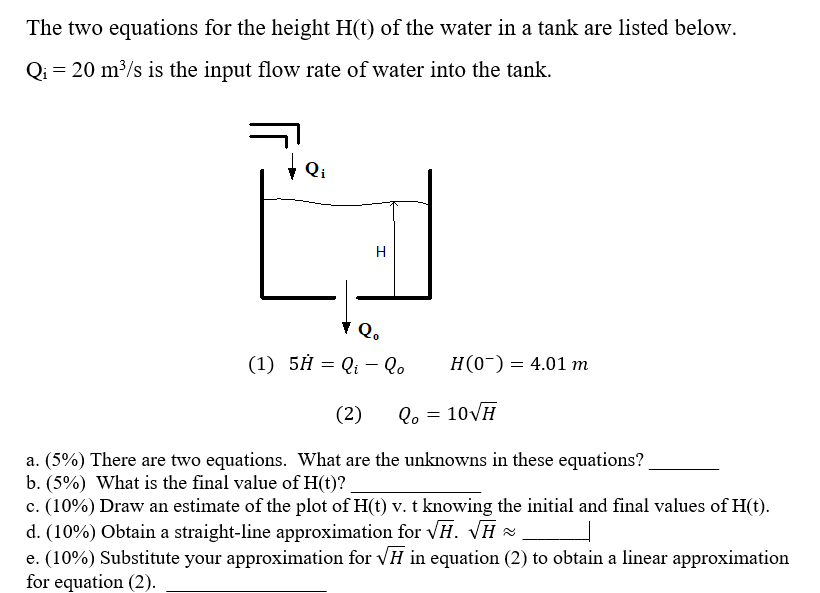 Solved The two equations for the height H(t) of the water in | Chegg.com