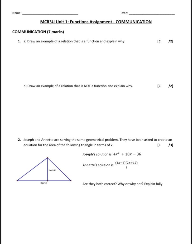 Solved Name: Date: MCR3U Unit 1: Functions Assignment - | Chegg.com