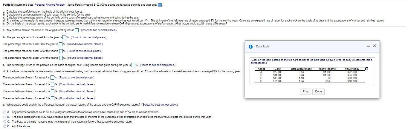 Solved Portfolio Return And Beta Personal Finance Problem | Chegg.com