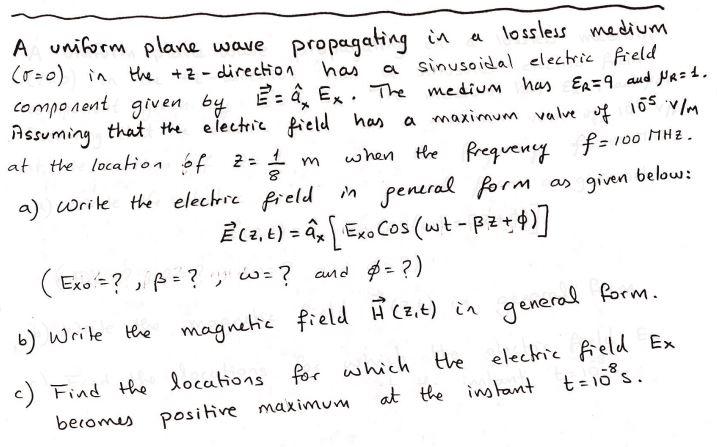Solved 105 f=100 MHZ. m A uniform plane wave propagating in | Chegg.com