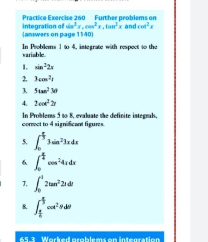 Solved Practice Exercise 260 Further problems on integration | Chegg.com
