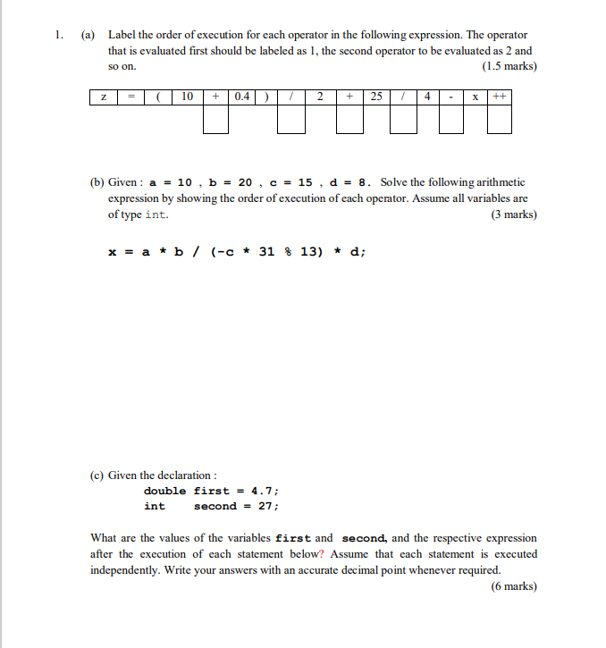 Solved 1. (a) Label the order of execution for each operator | Chegg.com