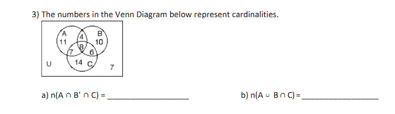 Solved 3) The numbers in the Venn Diagram below represent | Chegg.com